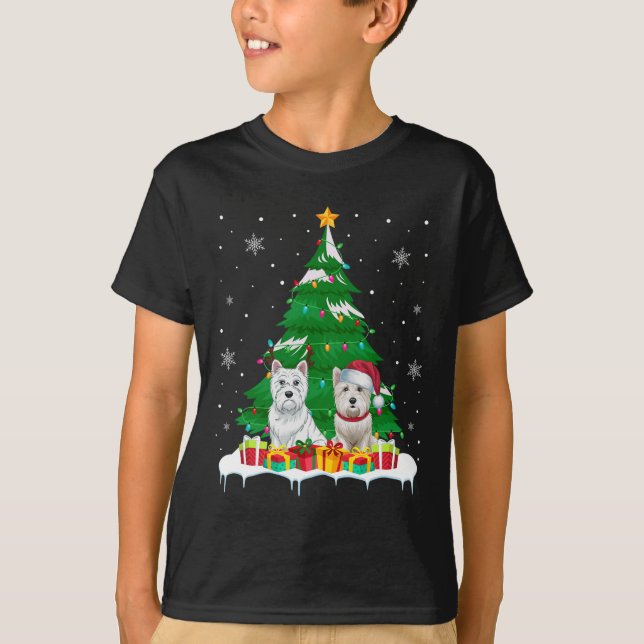 Westie Dog Christmas Tree Lights Santa Reindeer Xm T-Shirt (Front)