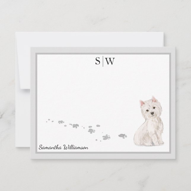 Westie Dog Gray Border Monogram Personalized Note Card (Front)