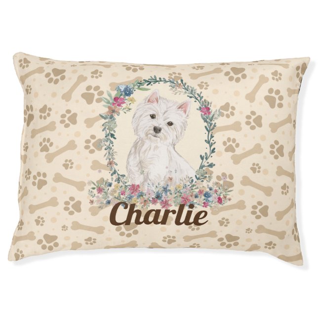 Westie Dog Paw Print & Dog Bone Cute  Pet Bed (Front)