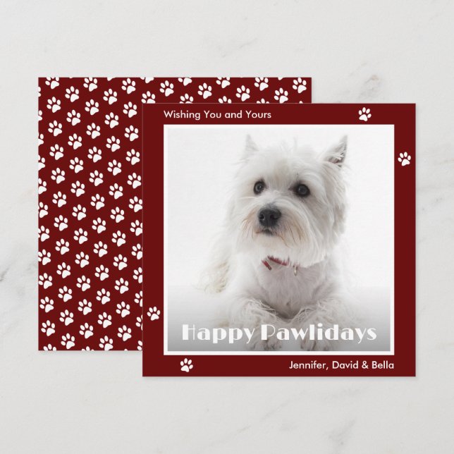 Westie Dog Paw Prints Pet Photo Red Holiday Card (Front/Back)
