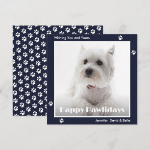 Westie Dog Paw Prints Photo Blue Holiday Card