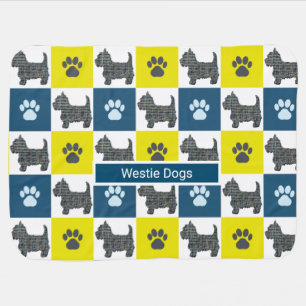 Westie Dog & Paw Yellow & Blue Grid Lines Baby Blanket
