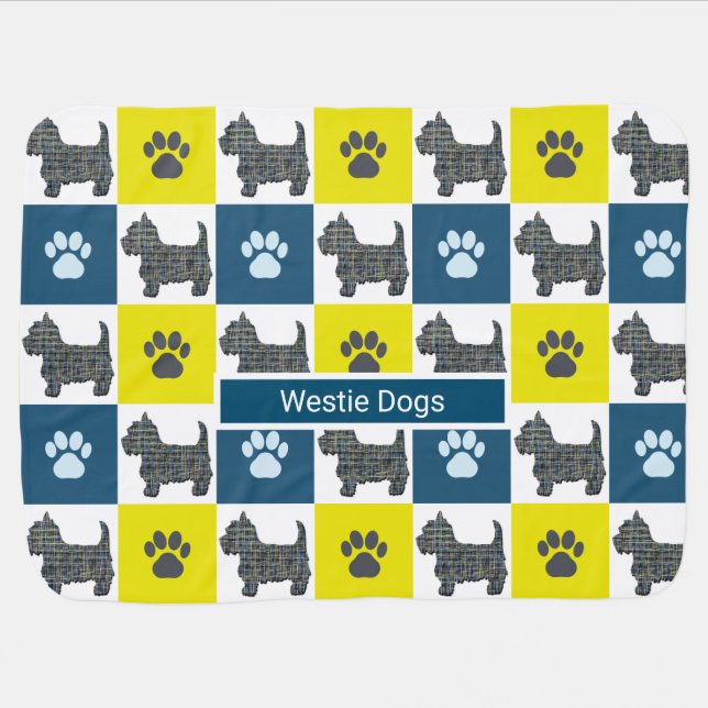 Westie Dog & Paw Yellow & Blue Grid Lines Baby Blanket (Horizontal)