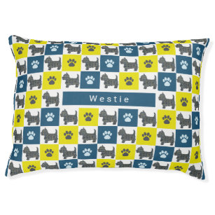 Westie Dog & Paw Yellow & Blue Grid Pet Bed