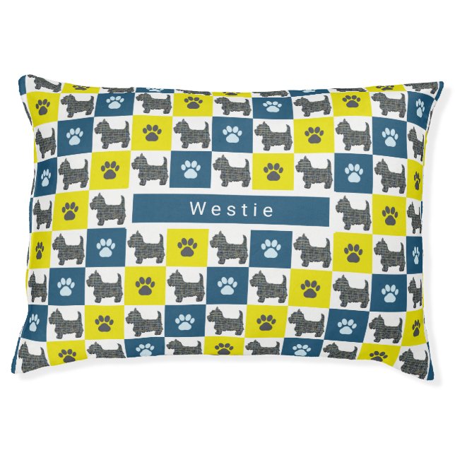Westie Dog & Paw Yellow & Blue Grid Pet Bed (Front)