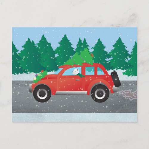 Westie Driving Christmas Car with tree on top Holiday Postcard