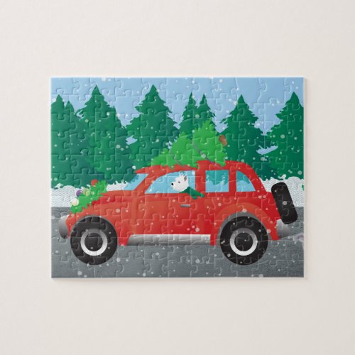 Westie Driving Christmas Car with tree on top Jigsaw Puzzle