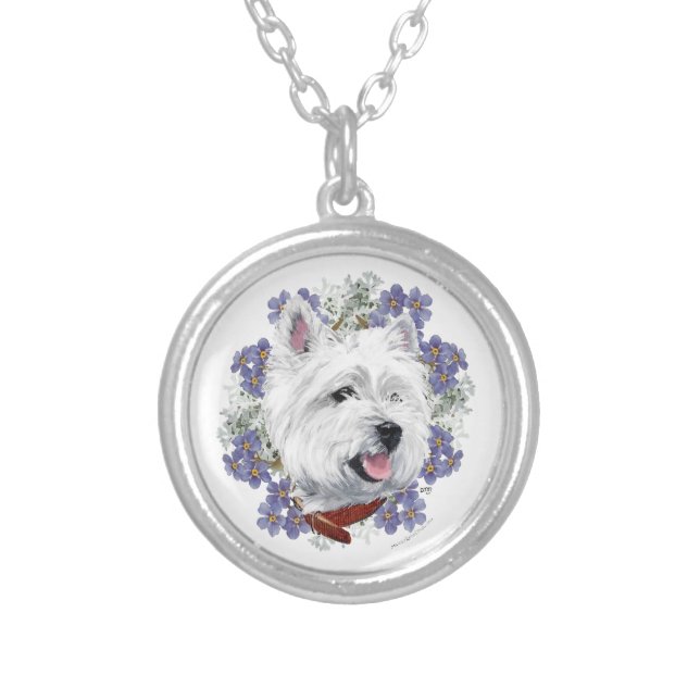 Westie Forget Me Not Silver Plated Necklace (Front)