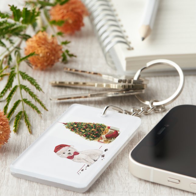 Westie Funny Christmas Dog with Tree Keychain (Front Right)