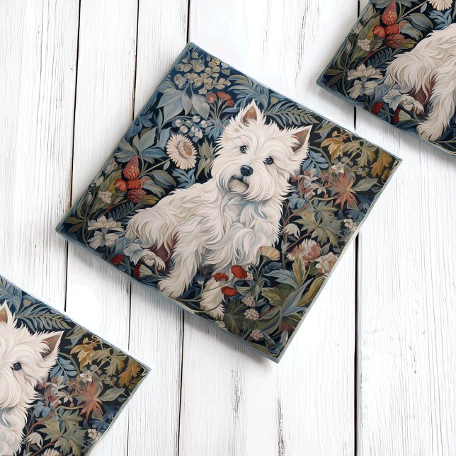 Westie Garden Tapestry in William Morris Style Glass Coaster (Creator Uploaded)