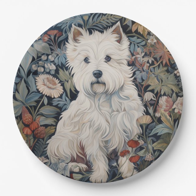 Westie Garden Tapestry in William Morris Style Paper Plates (Front)