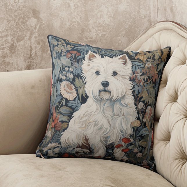 Westie Garden Tapestry in William Morris Style Throw Pillow