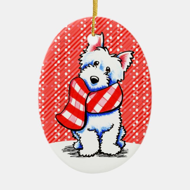 Westie Happy Plaid Scarf Winter Ceramic Ornament (Front)