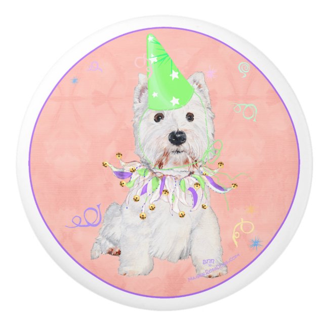 Westie in a Party Mood Ceramic Knob (Front)