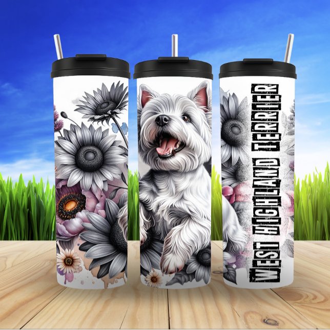 Westie in Floral Grayscale Thermal Tumbler (Creator Uploaded)