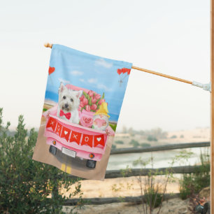 Westie in pickup truck valentine's day house flag