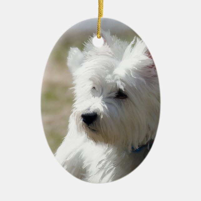 Westie in the springtime ceramic ornament (Front)
