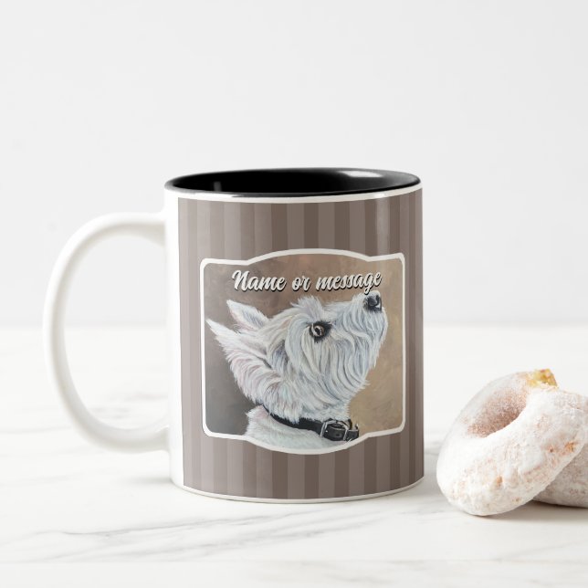 Westie Looking Up Profile B Two-Tone Coffee Mug (With Donut)
