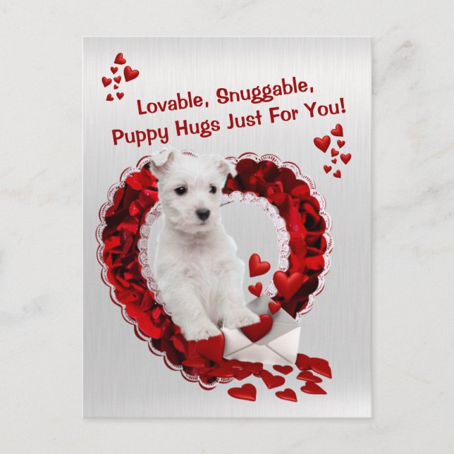 Westie Lovable Snuggable Puppy Hugs Valentine Holiday Postcard (Front)
