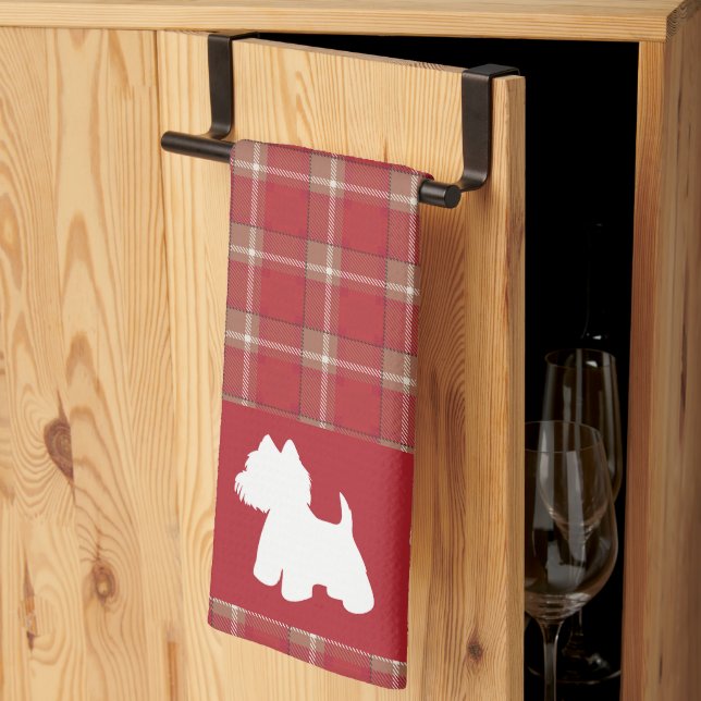 Westie on a red tartan background kitchen towel (Thirds Fold)