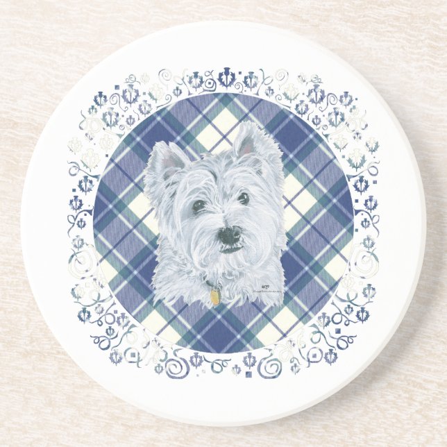 Westie on Tartan Sandstone Coaster (Front)