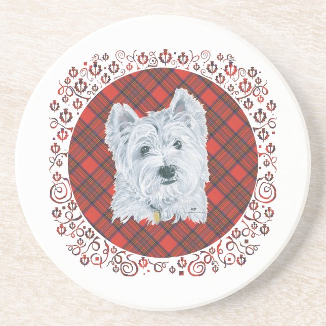 Westie on Tartan Sandstone Coaster (Front)