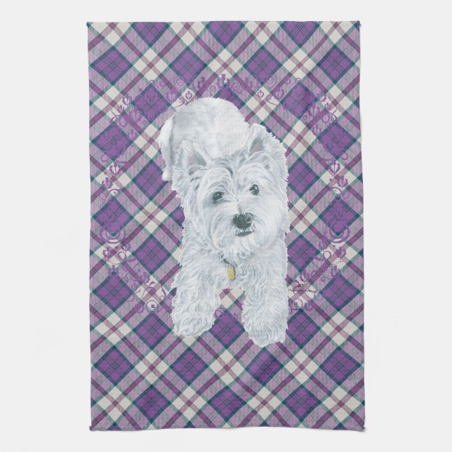 Westie on Tartan Towel (Vertical)