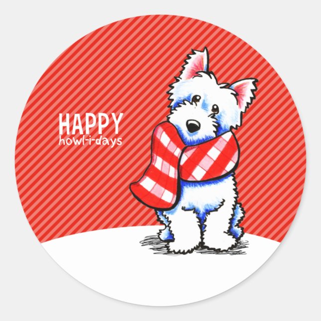 Westie Plaid Scarf Christmas Happy Howl-i-days Classic Round Sticker (Front)