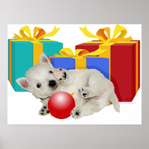 Westie Puppy Christmas Playtime Poster