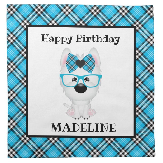 Westie Puppy Dog Aqua Plaid Birthday Party Napkins (Front)