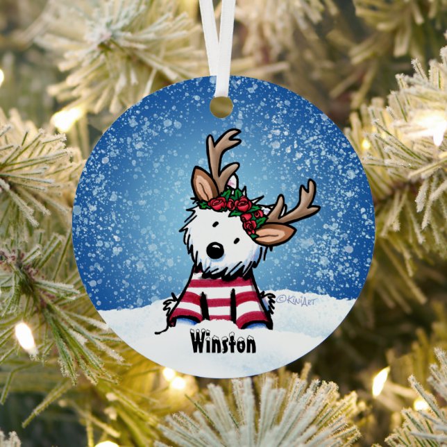 Westie Reindeer Metal Ornament (Insitu)