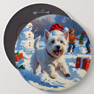 Westie Running in Snow with Christmas Hat Button