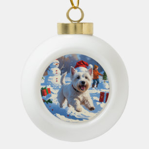 Westie Running in Snow with Christmas Hat Ceramic Ball Christmas Ornament
