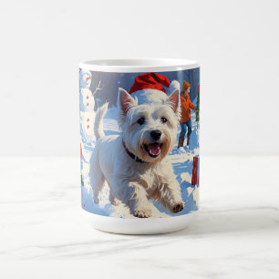 Westie Running in Snow with Christmas Hat Coffee Mug