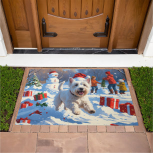 Westie Running in Snow with Christmas Hat Doormat