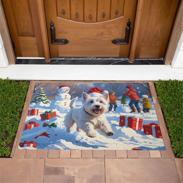 Westie Running in Snow with Christmas Hat Doormat (Outdoor)