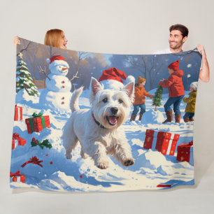 Westie Running in Snow with Christmas Hat Fleece Blanket