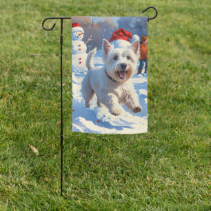 Westie Running in Snow with Christmas Hat Garden Flag