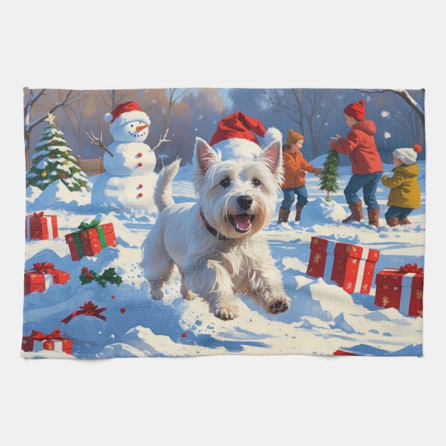 Westie Running in Snow with Christmas Hat Kitchen Towel (Horizontal)