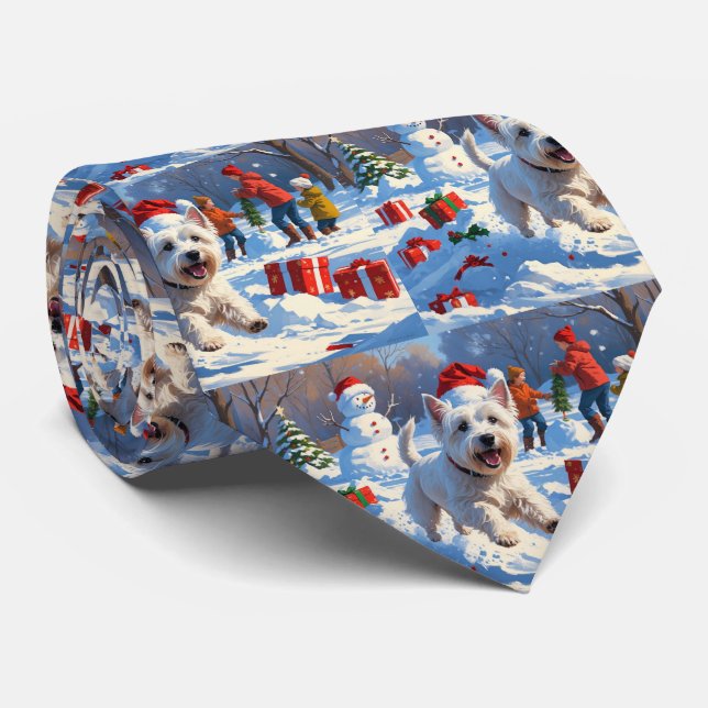 Westie Running in Snow with Christmas Hat Neck Tie (Rolled)