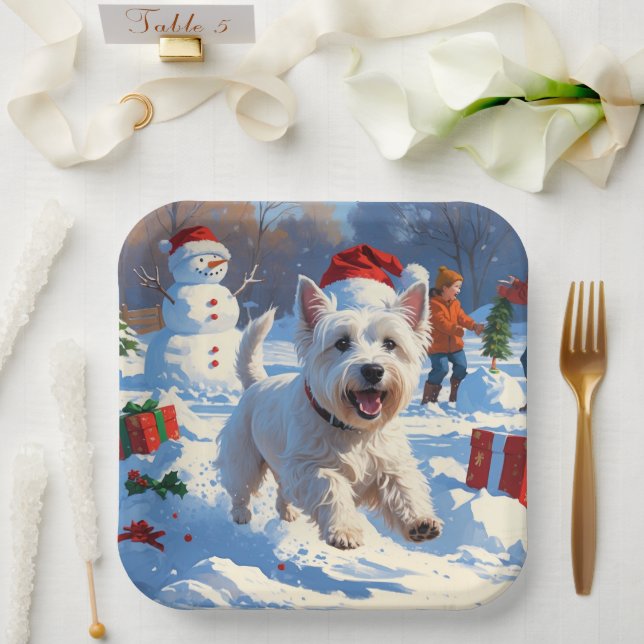 Westie Running in Snow with Christmas Hat Paper Plates (Wedding)