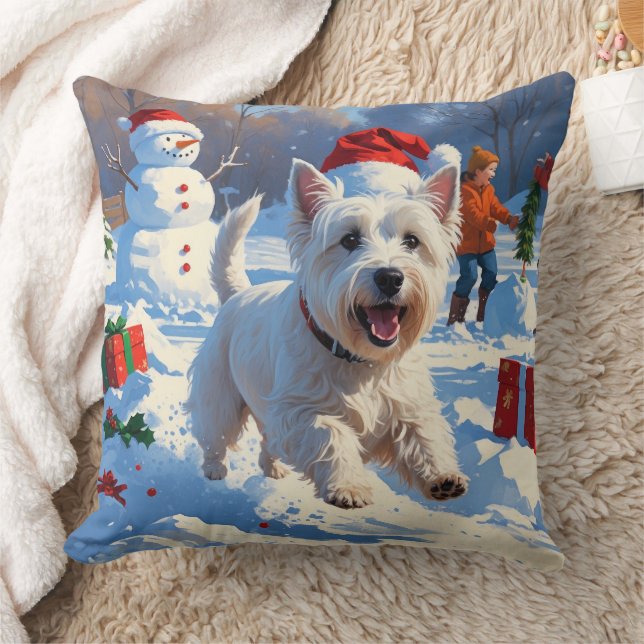 Westie Running in Snow with Christmas Hat Throw Pillow (Blanket)