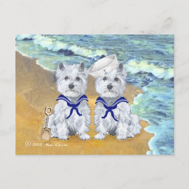 Westie Sailor Twins at the Beach Postcard (Front)