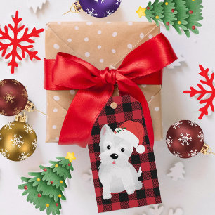 Westie Santa Hat Buffalo Plaid Holiday Design Gift Tags