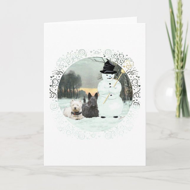 Westie & Scottie Build a Snowman Holiday Card (Front)