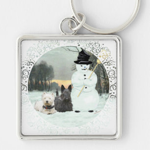 Westie & Scottie Build a Snowman Keychain
