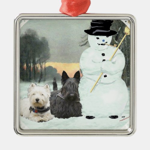 Westie  Scottie Build a Snowman Metal Ornament