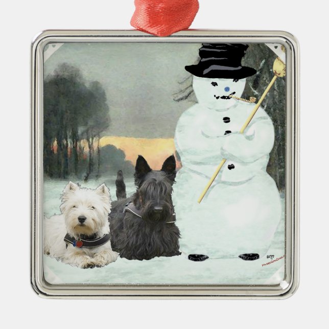 Westie & Scottie Build a Snowman Metal Ornament (Front)