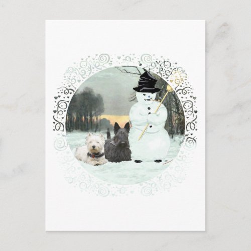 Westie  Scottie Build a Snowman Postcard