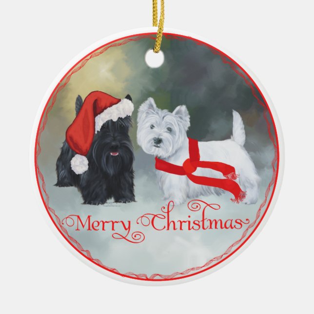 Westie Scottie Christmas Ceramic Ornament (Front)